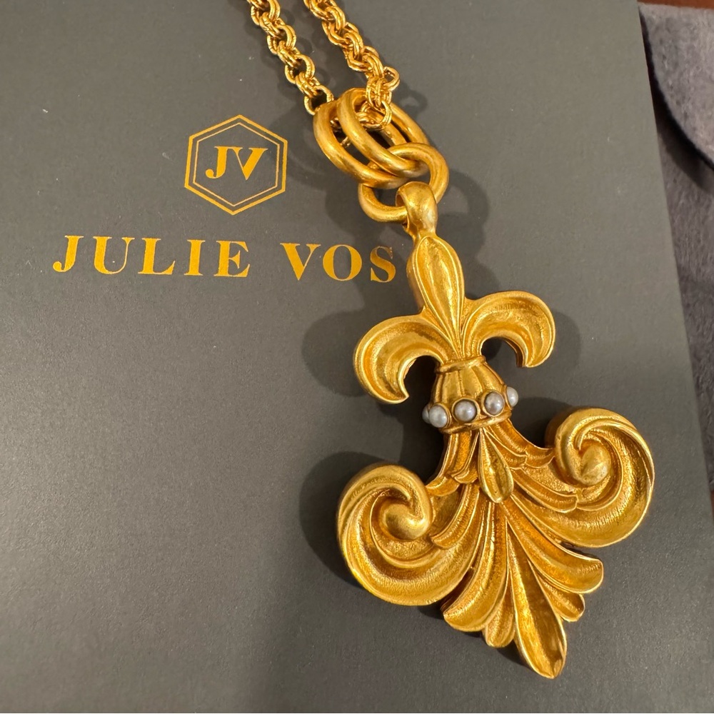 Julie Vos Gold Fleur-de-Lis Necklace with Pearl Accents